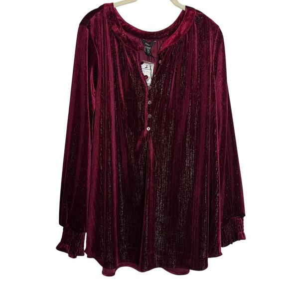 Intro Woman Plus Velvet Popover Tunic Top 2X Burgundy Metallic Long Sleeve - Picture 1 of 10